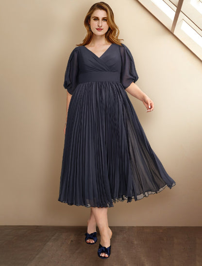 Aimishang A-Line Mother of the Bride Dresses Plus Size Hide Belly Curve Elegant Dress Formal Tea Length Short Sleeve V Neck Chiffon with Pleats