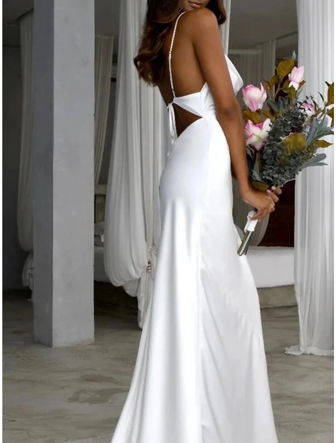 Aimishang Beach Simple Wedding Dresses Sheath / Column Square Neck Camisole Spaghetti Strap Sweep / Brush Train Stretch Fabric Bridal Gowns With Ruched Solid Color
