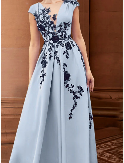 Aimishang A-Line Mother of the Bride Dress Wedding Guest Elegant Illusion Neck Ankle Length Stretch Chiffon Cap Sleeve with Appliques Ruching