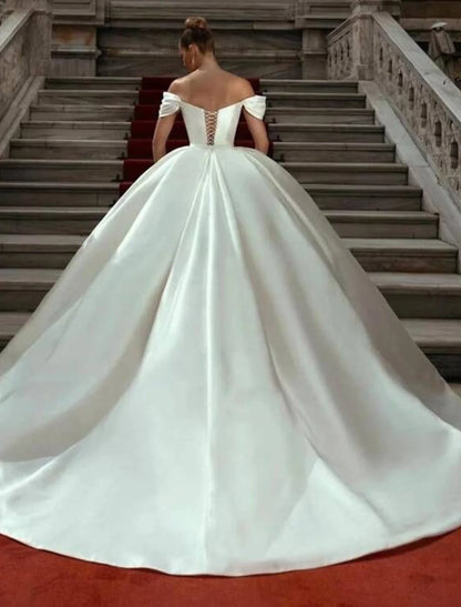 Aimishang Engagement Formal Wedding Dresses Ball Gown Off Shoulder Cap Sleeve Court Train Satin Church Bridal Gowns With Ruched Solid Color Summer Fall Wedding Party