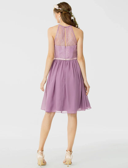 DingjiA-Line / Princess Halter Neck Knee Length Chiffon / Corded Lace Bridesmaid Dress with Sash / Ribbon / Pleats