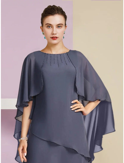 Aimishang  Sheath / Column Mother of the Bride Dress Wedding Guest Elegant Jewel Neck Floor Length Chiffon Half Sleeve with Sequin Tier Solid Color