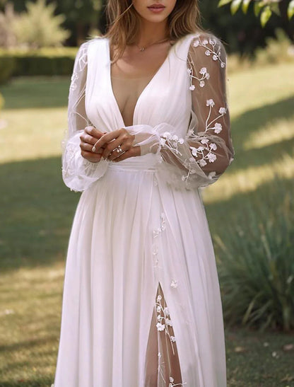 Aimishang Beach Wedding Dresses A-Line V Neck Long Sleeve Floor Length Chiffon Bridal Gowns With Solid Color