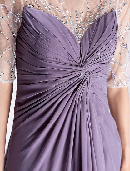 A-Line Mother of the Bride Dress Elegant Scoop Neck Floor Length Chiffon Half Sleeve No with Criss Cross Beading
