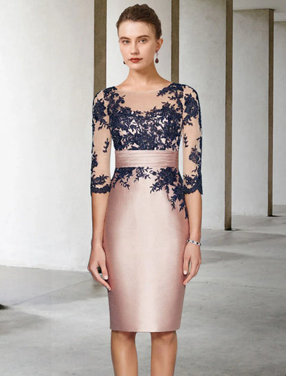 Aimishang Two Piece Sheath / Column Mother of the Bride Dress Wedding Guest Church Elegant Jewel Neck Knee Length Satin Lace 3/4 Length Sleeve Short Jacket Dresses with Appliques Color Block