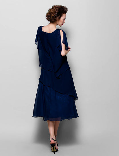 Aimishang  A-Line Mother of the Bride Dress Plus Size Elegant Cowl Neck Tea Length Chiffon Short Sleeve with Ruffles Crystal Brooch