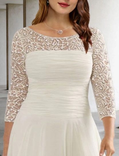 Aimishang A-Line Mother of the Bride Dresses Plus Size Hide Belly Curve Elegant Dress Formal Tea Length 3/4 Length Sleeve Jewel Neck Chiffon with Ruched Beading Sequin Fall
