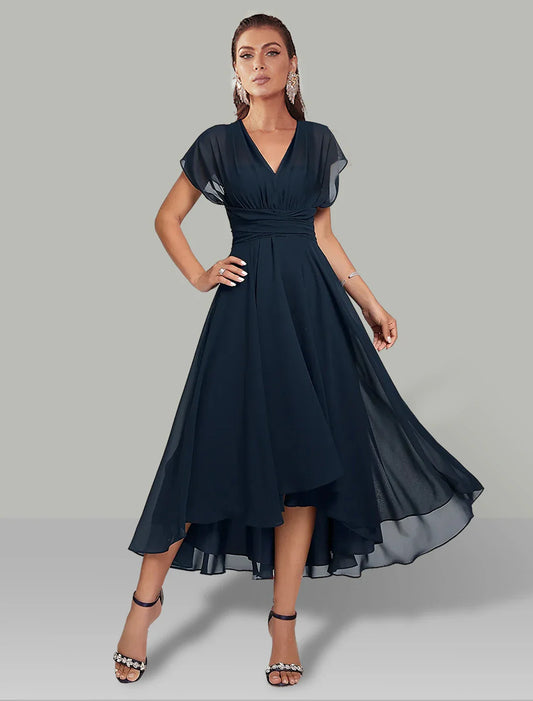 Aimishang A-Line Blue Wedding Guest Dresses Convertible Infinity Mother Dress Formal Tea Length Sleeveless One Shoulder Chiffon with Ruched