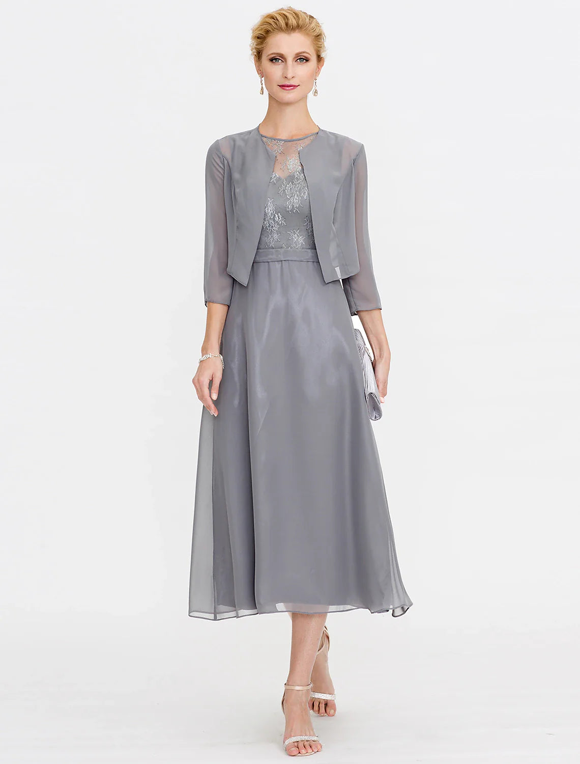 Aimishang A-Line Mother of the Bride Dress Fall Wedding Guest Dresses Plus Size Elegant Illusion Neck Tea Length Chiffon Corded Lace Sleeveless Wrap Included with Lace Pleats