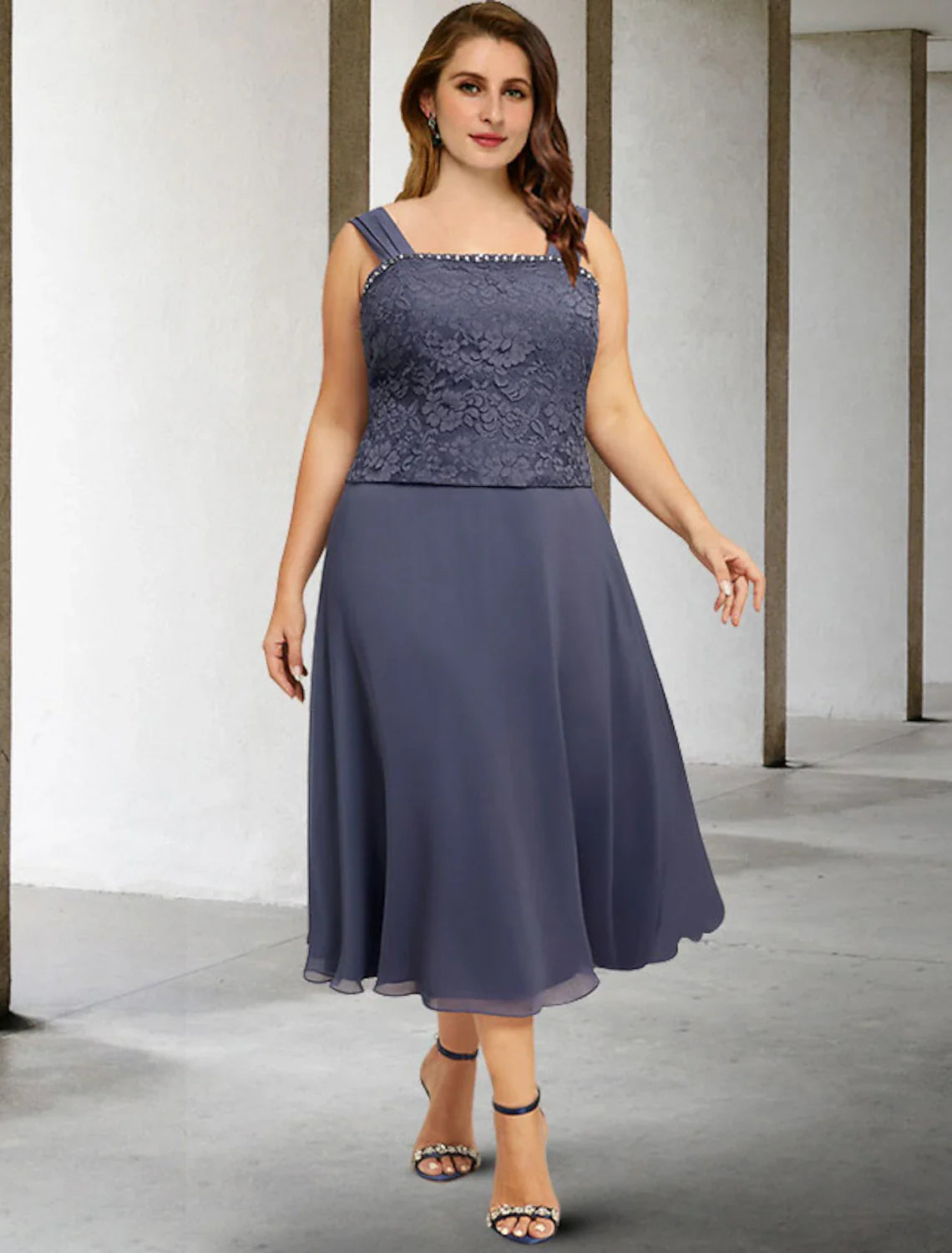 Aimishang  Two Piece A-Line Mother of the Bride Dresses Plus Size Hide Belly Curve Elegant Dress Formal Tea Length Sleeveless Square Neck Chiffon with Beading