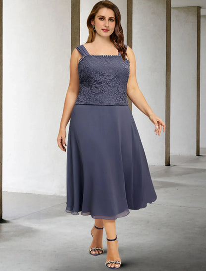 Aimishang  Two Piece A-Line Mother of the Bride Dresses Plus Size Hide Belly Curve Elegant Dress Formal Tea Length Sleeveless Square Neck Chiffon with Beading