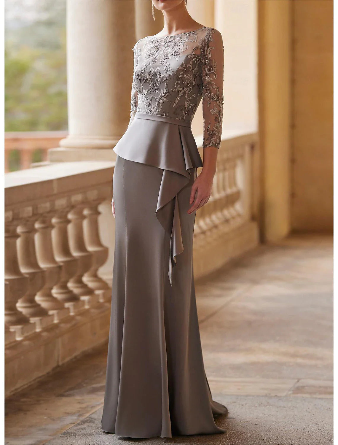 Mermaid/Small Mother of the bride dresses Wedding Guests Elegant Retro Party Illusion Neckline and Floor Length Lace  Fabric 3/4 Long Sleeves Half Sleeve Belt/Ribbon Pleated Beads