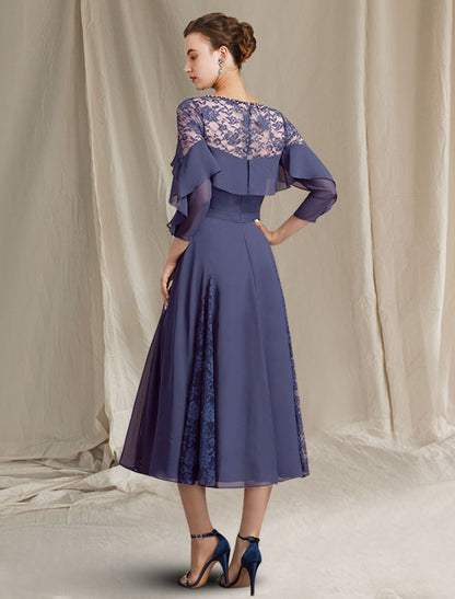 Aimishang A-Line Mother of the Bride Dress Elegant Jewel Neck Tea Length Chiffon 3/4 Length Sleeve with Pleats Sequin Ruffles