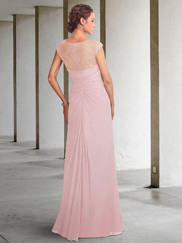 A-Line Mother of the Bride Dress Elegant Jewel Neck Floor Length Chiffon Lace Sleeveless with Pleats Appliques