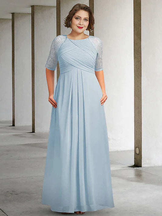 A-Line Mother of the Bride Dress Plus Size Elegant Jewel Neck Floor Length Chiffon Lace Half Sleeve with Pleats Ruched Appliques