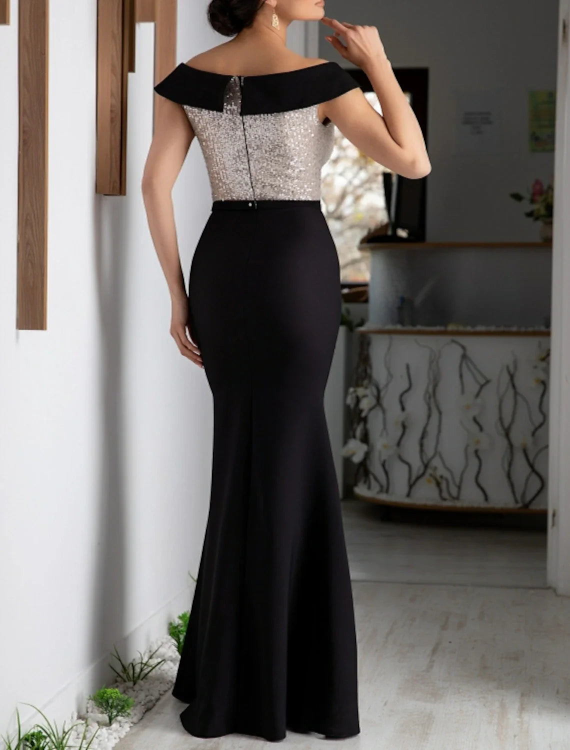 Aimishang Sheath Black Dress Evening Gown Color Block Dress Formal Cocktail Party Floor Length Short Sleeve V Neck Sequined with Sequin