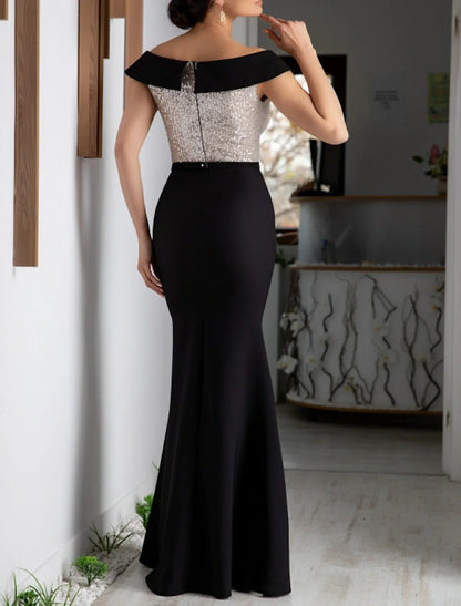 Aimishang Sheath Black Dress Evening Gown Color Block Dress Formal Cocktail Party Floor Length Short Sleeve V Neck Sequined with Sequin