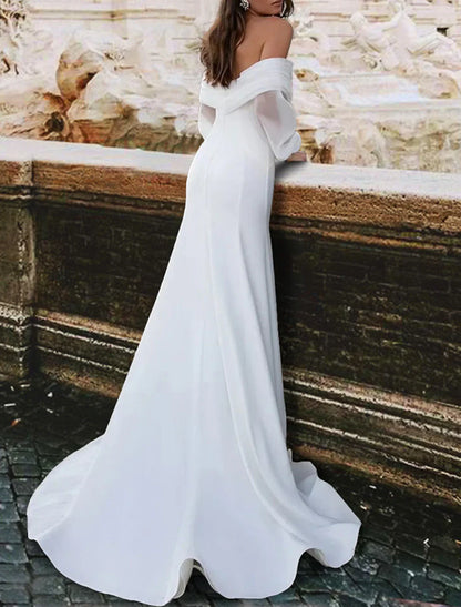 Aimishang Reception Simple Wedding Dresses Mermaid / Trumpet Off Shoulder Long Sleeve Sweep / Brush Train Satin Bridal Gowns With Ruched