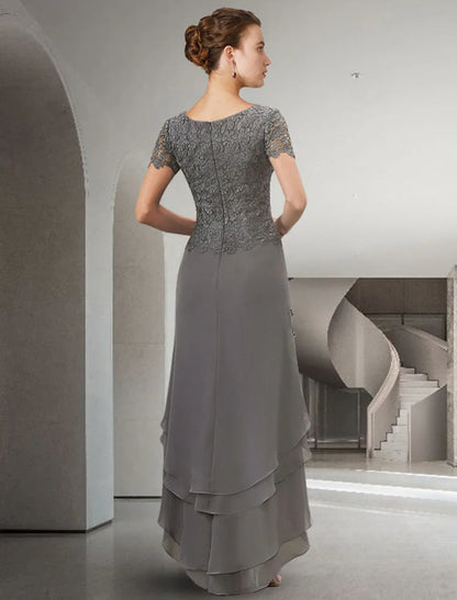 Aimishang  A-Line Mother of the Bride Dress Elegant High Low Jewel Neck Asymmetrical Floor Length Chiffon Lace Short Sleeve with Appliques Cascading Ruffles