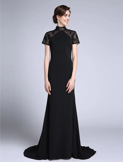 Mermaid / Trumpet Mother of the Bride Dress Vintage Inspired High Neck Sweep / Brush Train Lace Jersey Short Sleeve No with Lace