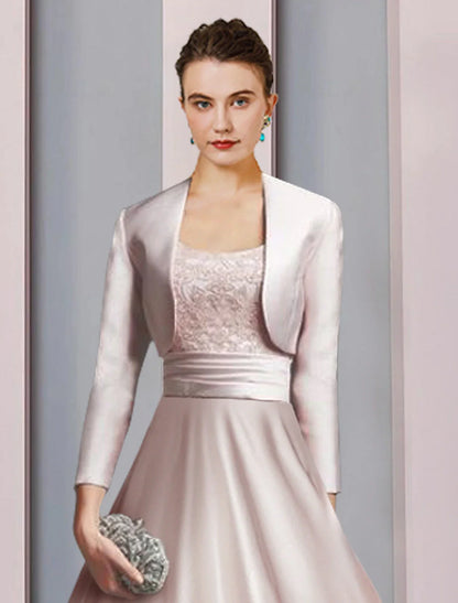 Wholesa Two Piece A-Line Mother of the Bride Dress Formal Church Party Elegant Scoop Neck Tea Length Satin Lace Half Sleeve with Appliques Ruching
