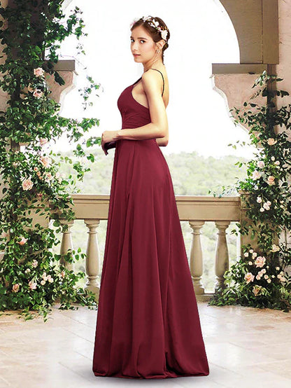 A-Line Bridesmaid Dress V Neck / Spaghetti Strap Sleeveless Elegant Floor Length Chiffon with Pleats