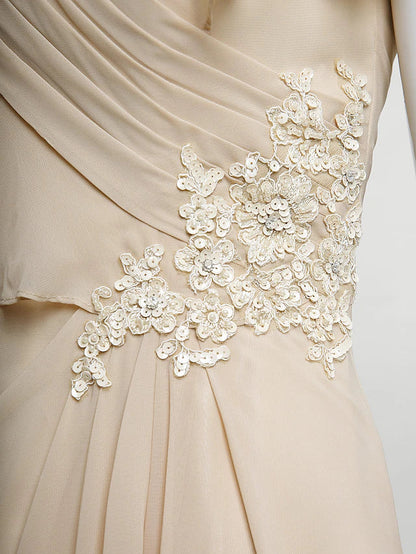 Sheath / Column Mother of the Bride Dress Plus Size Elegant V Neck Floor Length Chiffon Sleeveless with Criss Cross Appliques