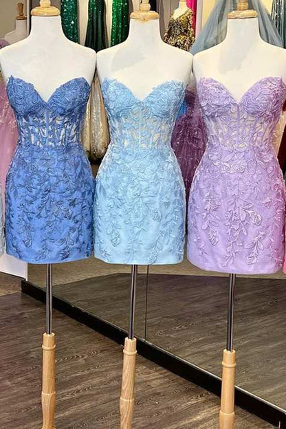 Lace Appliques Strapless Lace-Up Sleeveless Mini Homecoming Dress