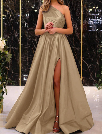 Aimishang A-Line Evening Gown Elegant Dress Wedding Guest Engagement Floor Length Sleeveless One Shoulder Satin with Pleats Slit