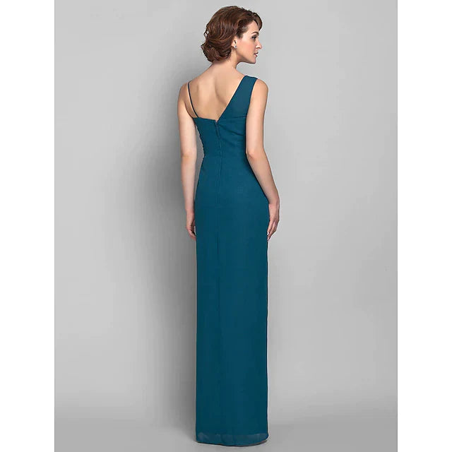 Sheath / Column Mother of the Bride Dress Furcal One Shoulder Floor Length Chiffon Sleeveless with Beading