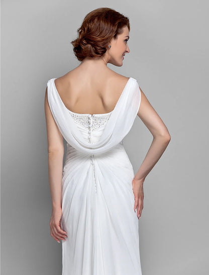 Aimishang Sheath / Column Mother of the Bride Dress Fall Wedding Guest Dresses Vintage Inspired Cowl Neck Floor Length Chiffon Sleeveless with Buttons Criss Cross Crystals