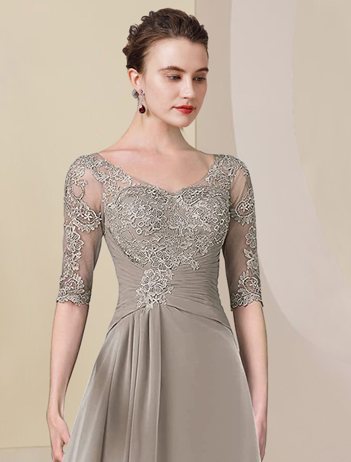 Aimishang Two Piece A-Line Mother of the Bride Dress Formal Wedding Guest Elegant High Low V Neck Asymmetrical Tea Length Chiffon Lace Half Sleeve Wrap Included with Ruched Appliques