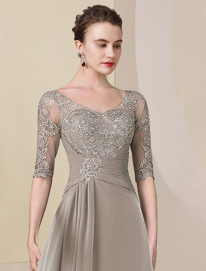 Aimishang Two Piece A-Line Mother of the Bride Dress Formal Wedding Guest Elegant High Low V Neck Asymmetrical Tea Length Chiffon Lace Half Sleeve Wrap Included with Ruched Appliques