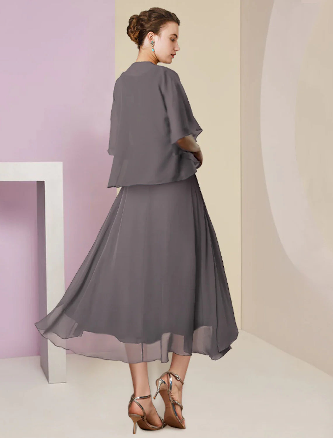 Aimishang  Two Piece A-Line Mother of the Bride Dress Formal Wedding Guest Elegant Scoop Neck Tea Length Chiffon Lace Half Sleeve Wrap Included with Beading Sequin Appliques