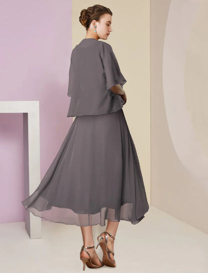 Aimishang  Two Piece A-Line Mother of the Bride Dress Formal Wedding Guest Elegant Scoop Neck Tea Length Chiffon Lace Half Sleeve Wrap Included with Beading Sequin Appliques