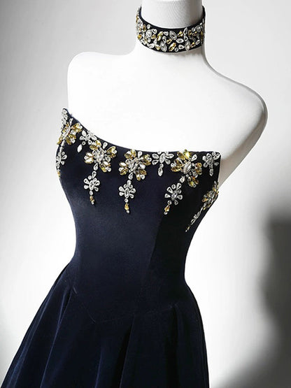 A-Line Velvet Dark Blue Long Prom Dress With Beads