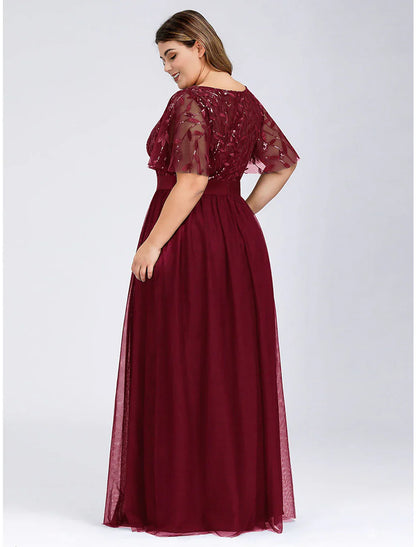 DingjiA-Line Prom Dresses Plus Size Dress Wedding Guest Prom Floor Length Short Sleeve Jewel Neck Bridesmaid Dress Chiffon with Appliques