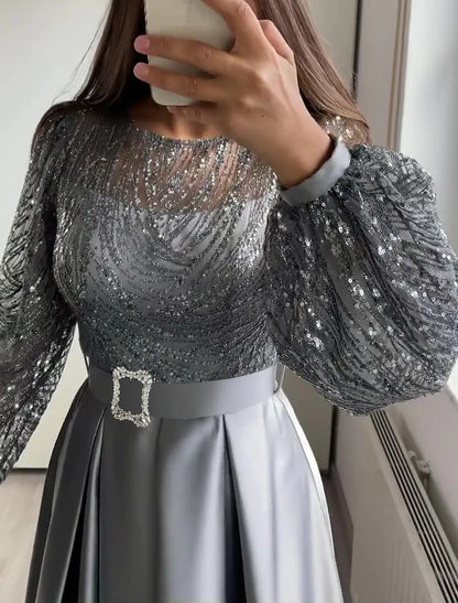 Aimishang A-Line Evening Gown Elegant Dress Wedding Black Tie Floor Length Long Sleeve Jewel Neck Fall Wedding Guest Satin with Sequin