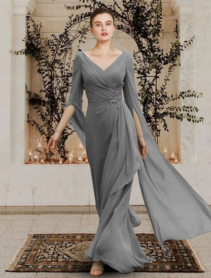 Aimishang  Sheath / Column Mother of the Bride Dress Elegant V Neck Floor Length Chiffon Half Sleeve with Beading Side-Draped