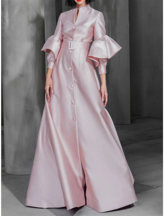 Aimishang A-Line Prom Dresses Elegant Dress Wedding Guest Prom Floor Length Long Sleeve High Neck Satin with Sash / Ribbon Buttons Ruffles Evening Dresses