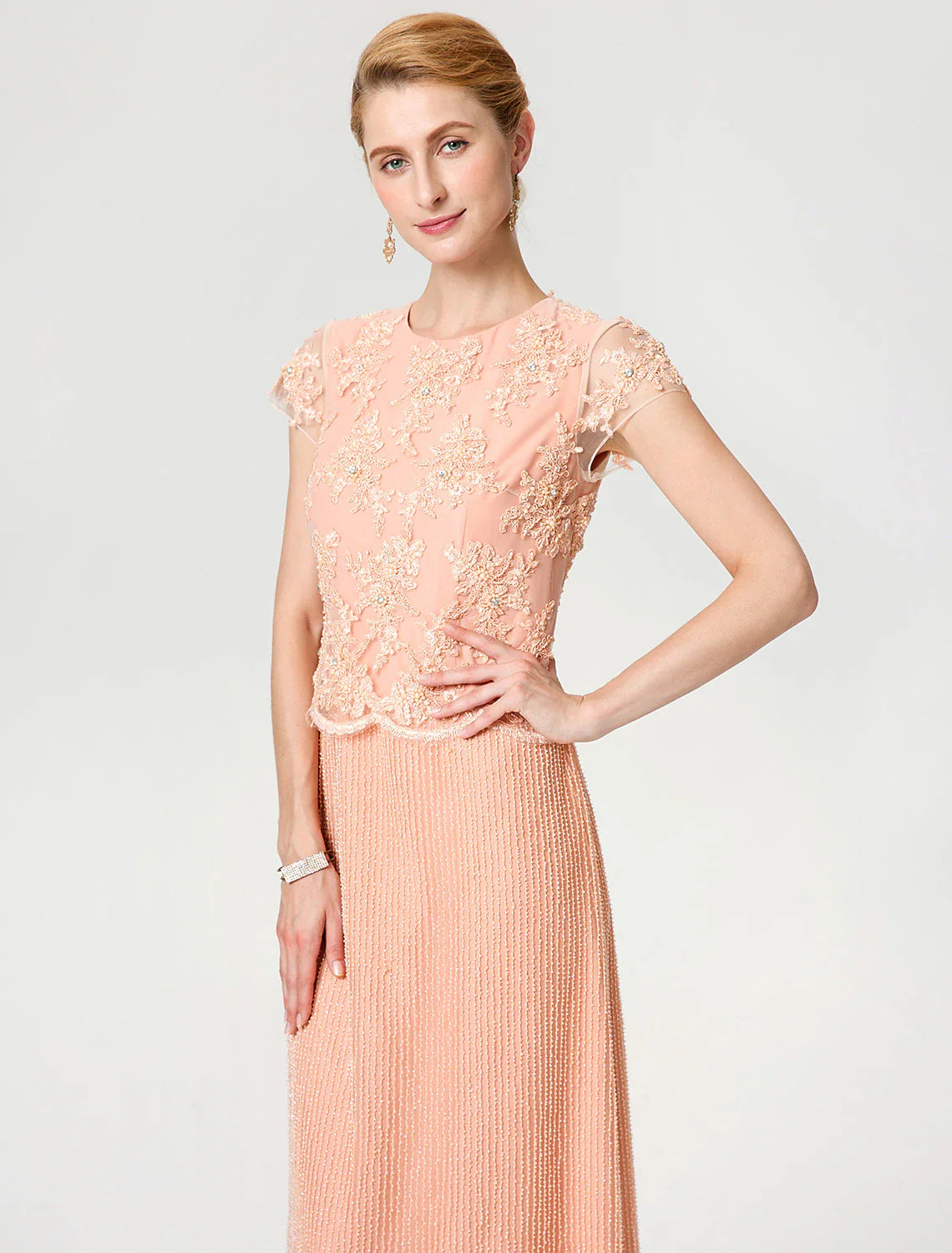 Aimishang  Sheath / Column Mother of the Bride Dress Formal Vintage Inspired Jewel Neck Ankle Length Chiffon Beaded Lace Short Sleeve No with Lace Beading