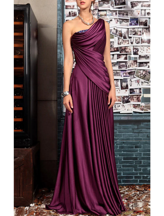 Aimishang Sheath Black Dress Evening Gown Elegant Dress Formal Evening Floor Length Sleeveless One Shoulder Fall Wedding Guest Satin Backless with Pleats Crystals Draping