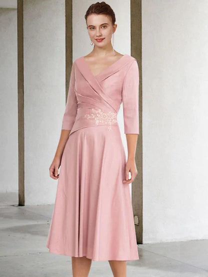 A-Line Mother of the Bride Dress Vintage Elegant V Neck Tea Length Satin Lace Half Sleeve with Appliques Side-Draped