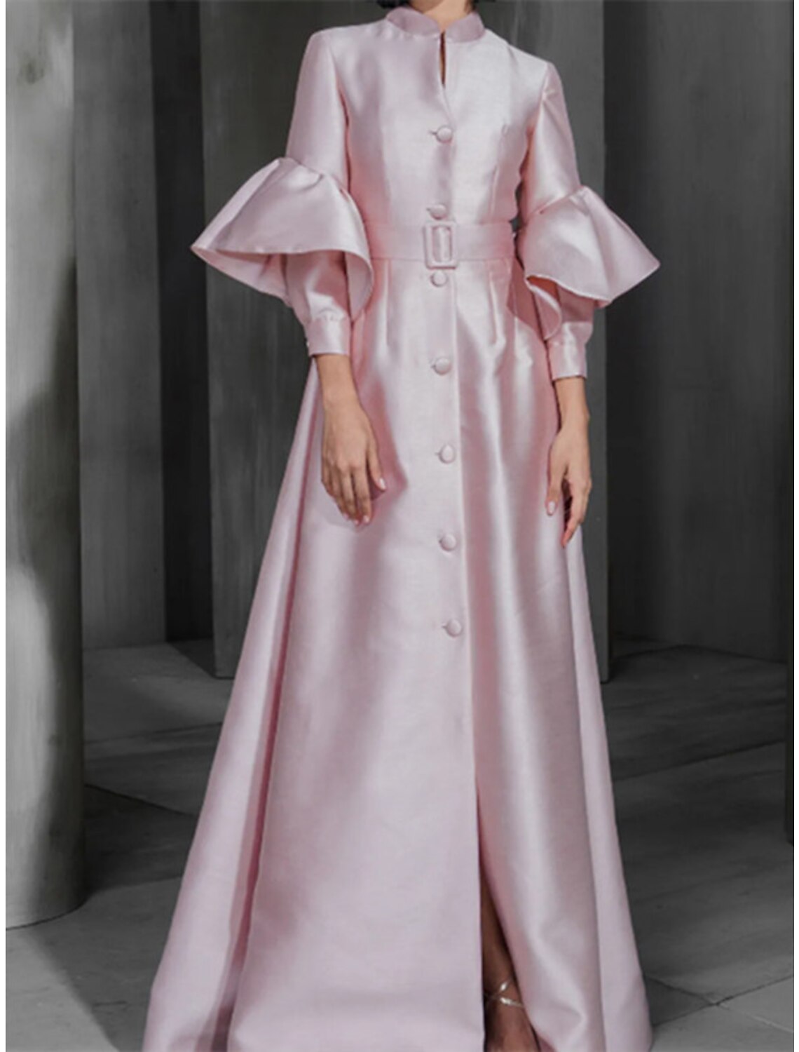 Aimishang A-Line Prom Dresses Elegant Dress Wedding Guest Prom Floor Length Long Sleeve High Neck Satin with Sash / Ribbon Buttons Ruffles Evening Dresses