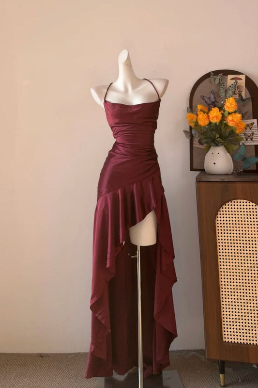 Burgundy Retro Long Back-to-School Dress Birthday Dress Prom Dress gh6821