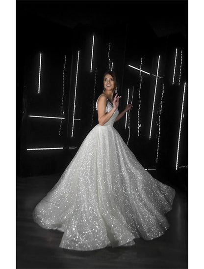 Aimishang Hall Sparkle & Shine Casual Wedding Dresses A-Line Camisole V Neck Spaghetti Strap Sweep / Brush Train Sequined Bridal Gowns With Solid Color