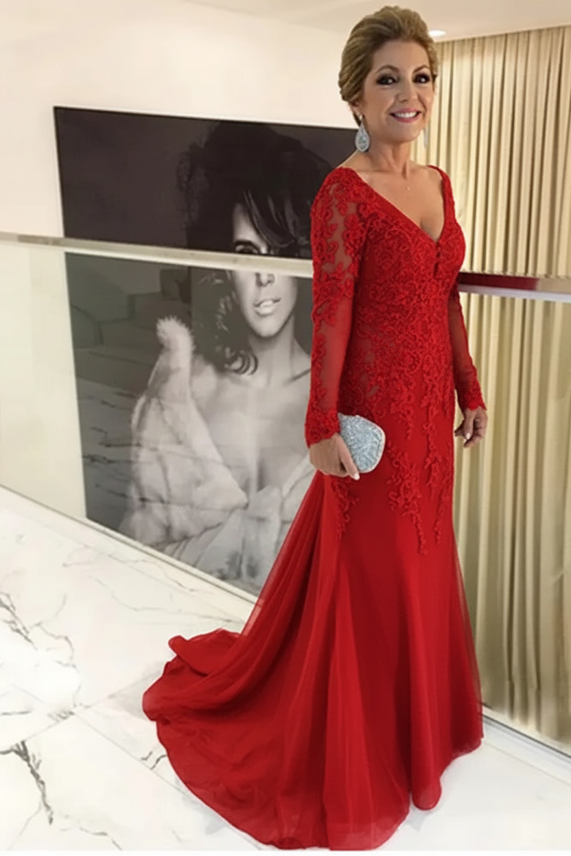 Elegant Long Sleeves Lace mother of the bride dress V-Neck