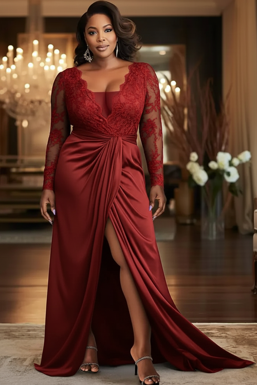V-Neck Black Mother of the Bride Dress Long Sleeves lace Front Slit Wedding Guest Dress
