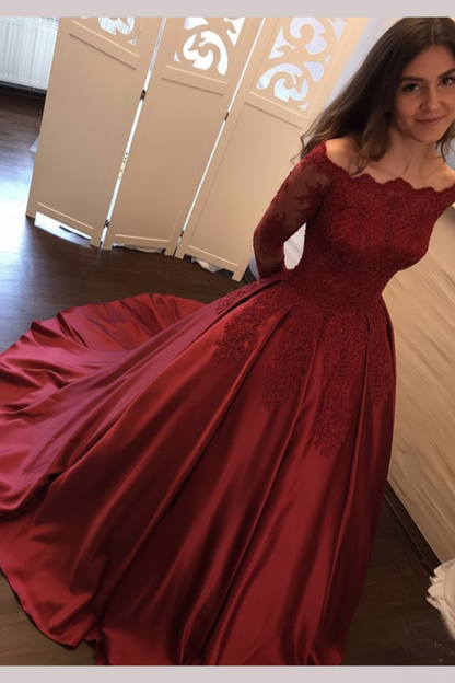 Chic Gold Off Shoulder Long Sleeve Ball Gown Appliques Satin Prom Dress