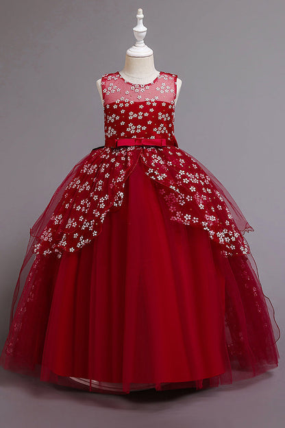 Red Princess Belt Flower Girl Dress with Bow Ball Gown for Weddings